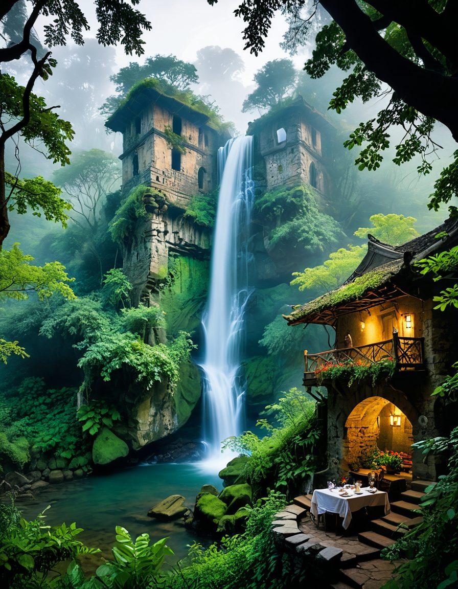 A magical landscape showcasing lesser-known travel destinations with vibrant cultural elements. Include an ancient ruin shrouded in mist, a hidden waterfall surrounded by lush greenery, and people from various cultures sharing traditional food. Incorporate elements of adventure, curiosity, and discovery, creating an inviting atmosphere. whimsical art style. vivid colors. serene background.