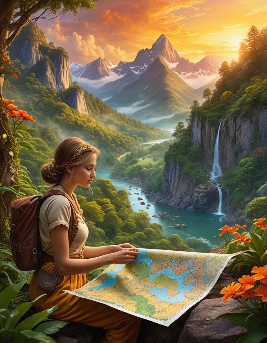 A captivating landscape featuring a hidden treasure chest overflowing with gold coins and sparkling gems, nestled within a lush, green forest. In the background, misty mountains rise against a colorful sunset, inviting exploration. Scattered around are exotic plants and flowers, hinting at a secret paradise waiting to be discovered. An adventurous adventurer holding a map stands nearby, showcasing curiosity and thrill. super-realistic. vibrant colors. dreamy atmosphere.