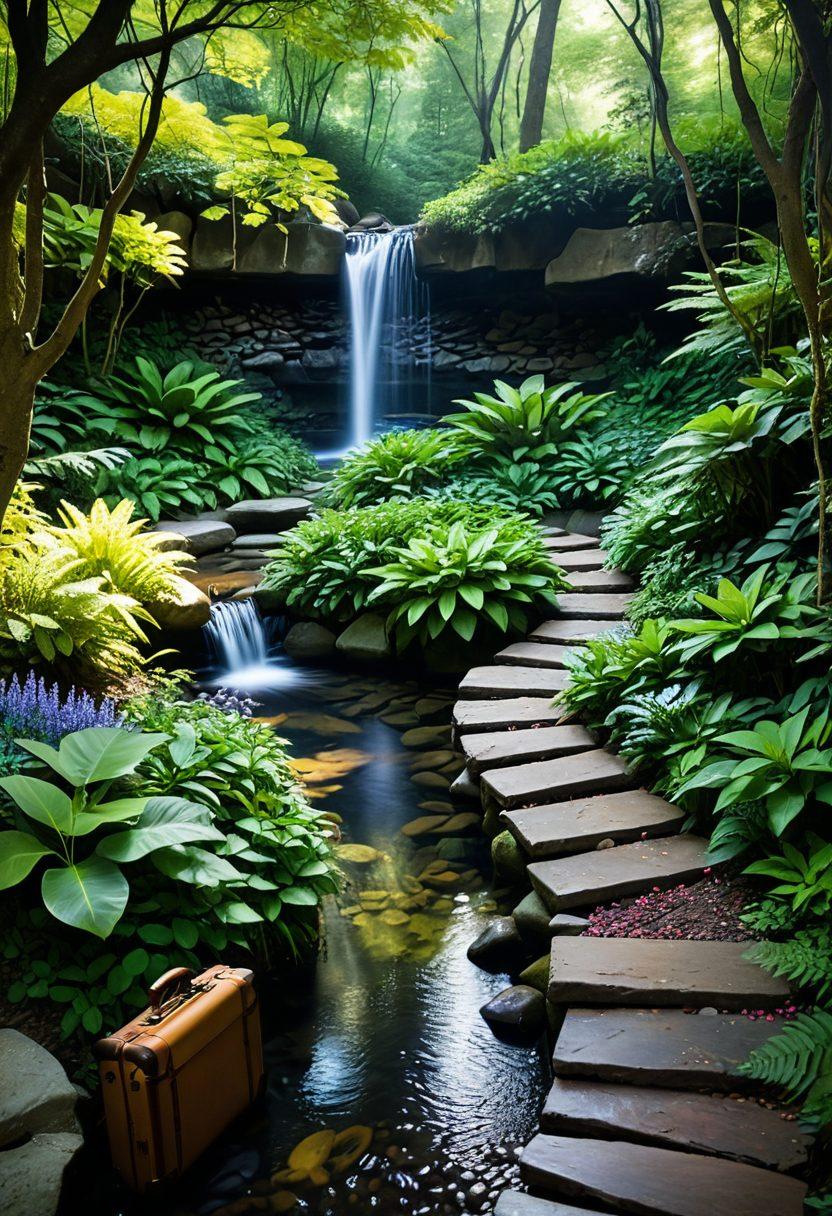 A serene, winding cobblestone path leading through a lush forest, unveiling a hidden waterfall cascading into a crystal-clear pool. Enchanted light filtering through the leaves, illuminating vibrant wildflowers along the sides. A vintage suitcase rests at the path's edge, symbolizing adventure and exploration. The scene captures the spirit of discovery and serenity. super-realistic. vibrant colors. natural landscape.